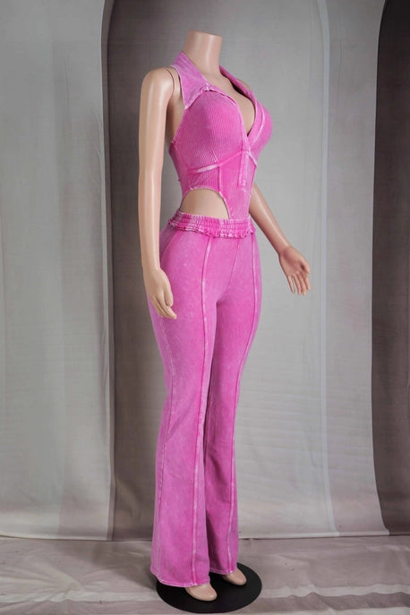 ENSEMBLE BODY À COL LAVÉ MINÉRAL ET PANTALON ÉVASÉ