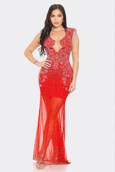 Robe Maxi en Maille Transparente avec Strass