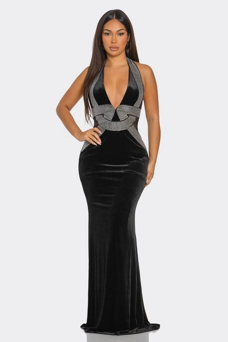 Robe Maxi en Forme de V Ornée de Strass