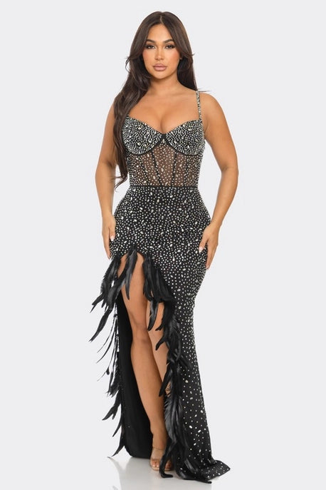 Robe Maxi à Ourlet Plumes et Strass