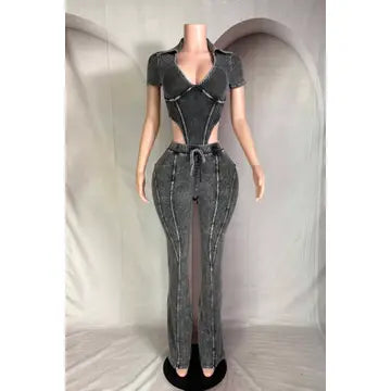 ENSEMBLE BODY ET PANTALON À COL EN V PROFOND LAVAGE MINÉRAL