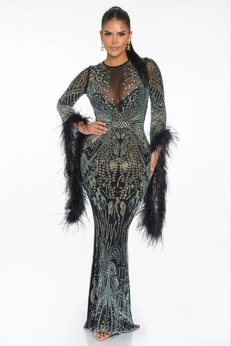 Robe Maxi à Manches Longues en Plumes et Résille Strass