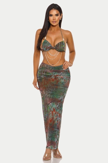 HCCTD13775&ENSEMBLE 2 PIÈCES : SOUTIEN-GORGE À COL HALTER & ROBE LONGUE PLISSÉE