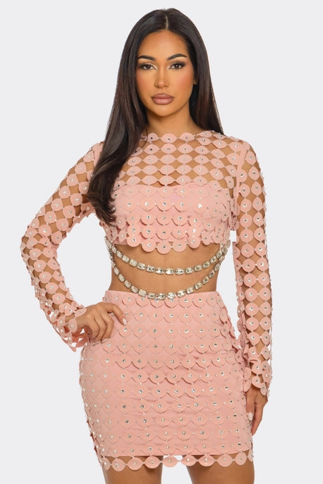 ENSEMBLE 2 PIÈCES AVEC STRASS CREUX & JUPE DÉCONTRACTÉE