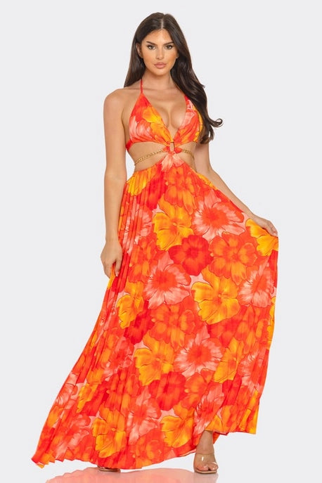 Robe maxi plissée imprimée à lacets et dos nu