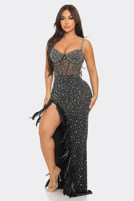Robe Maxi à Ourlet Plumes et Strass