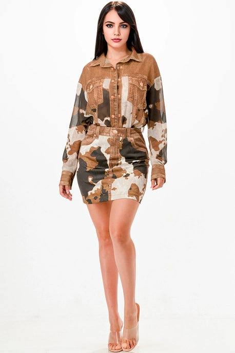 Ensemble blouse et jupe en chiffon effet denim BT6270-SET