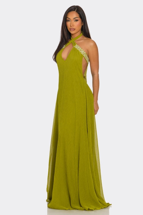 ROBE MAXI DÉCONTRACTÉE À COL EN V ET COL HALTER AVEC PERLES