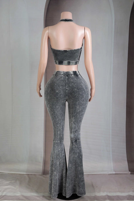 ENSEMBLE HAUT COL AMÉRICAIN ET PANTALON ÉVASÉ OUEST EN LAVAGE MINÉRAL