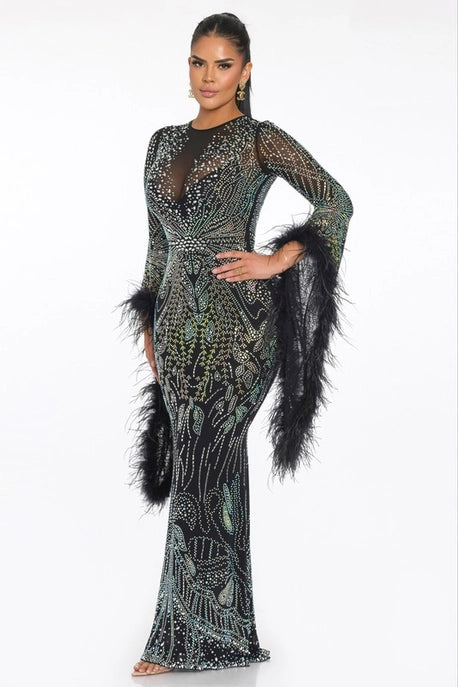 Robe Maxi à Manches Longues en Plumes et Résille Strass