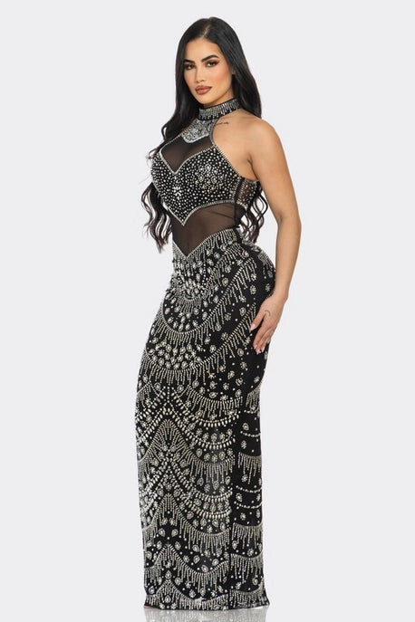 Robe Maxi à Col Ras du Cou avec Strass