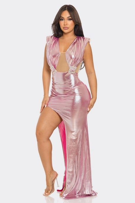 Robe Maxi Métallique Brillante avec Découpe Frontale - Solde