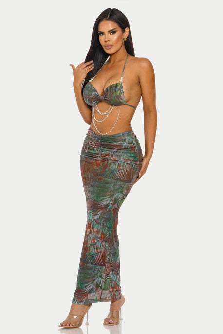 HCCTD13775&ENSEMBLE 2 PIÈCES : SOUTIEN-GORGE À COL HALTER & ROBE LONGUE PLISSÉE