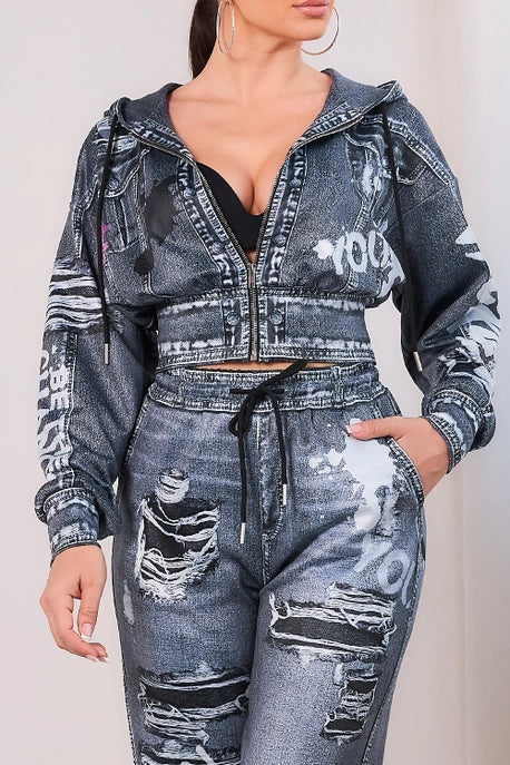 Veste zippée à capuche effet denim UNIQUEMENT