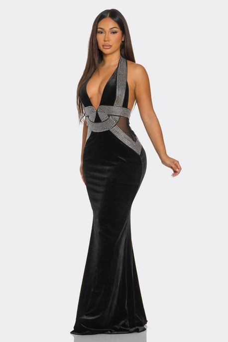 Robe Maxi en Forme de V Ornée de Strass