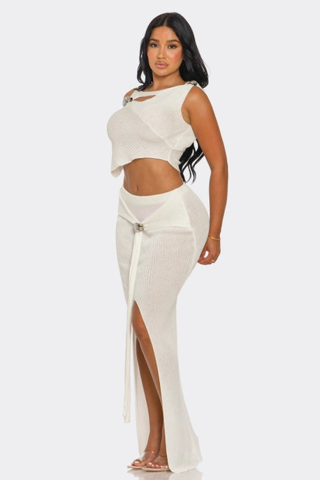 ENSEMBLE HCCTDW72506 & 2PC HAUT COURT ÉPAULE DÉNUDÉE & MAXI À FENTE HAUTE
