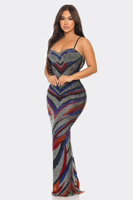 Robe Maxi à Chevrons Multicolores avec Strass