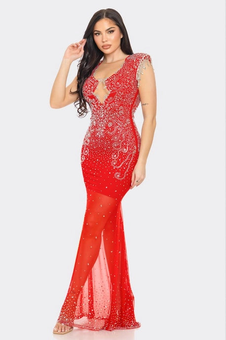 Robe Maxi en Maille Transparente avec Strass