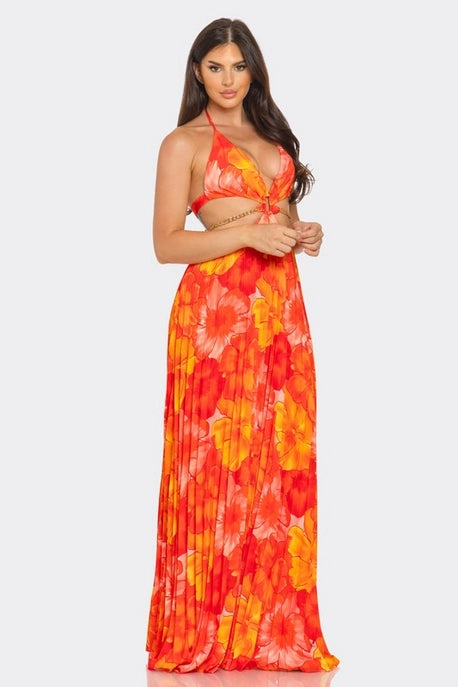 Robe maxi plissée imprimée à lacets et dos nu