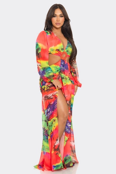 Robe maxi en chiffon imprimé avec découpes