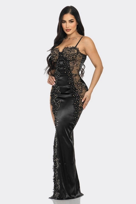 Robe Maxi en Satin avec Dentelle Florale et Strass