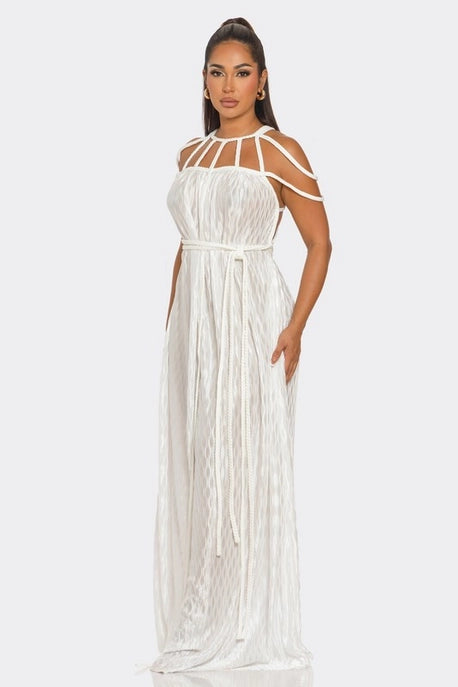 Robe Maxi à Motif de Corde Ondulée Plissée et Tressée