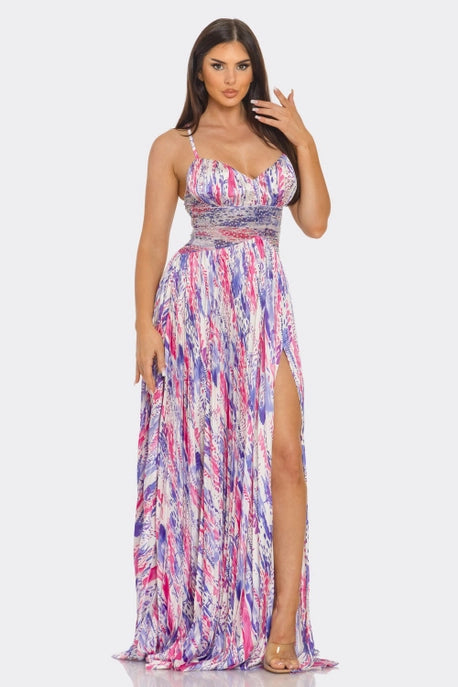 Robe maxi plissée à imprimé aquarelle satinée