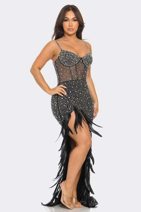 Robe Maxi à Ourlet Plumes et Strass