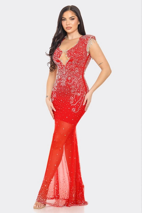 Robe Maxi en Maille Transparente avec Strass