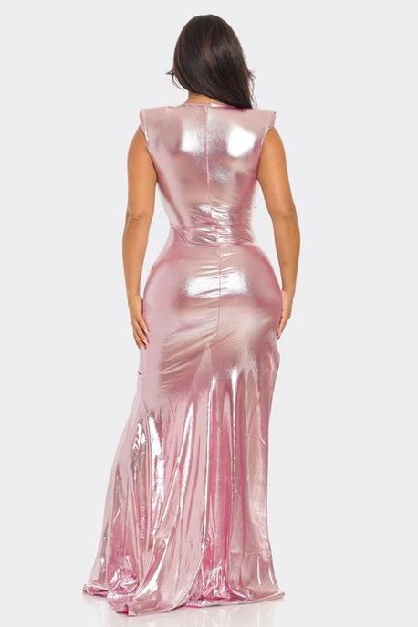 Robe Maxi Métallique Brillante avec Découpe Frontale - Solde