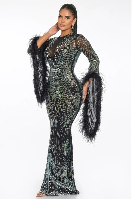 Robe Maxi à Manches Longues en Plumes et Résille Strass