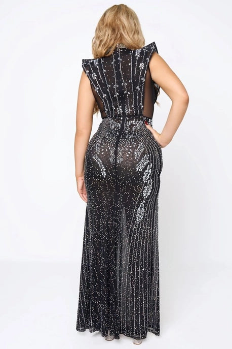 Robe Maxi Transparente avec Détails en Strass