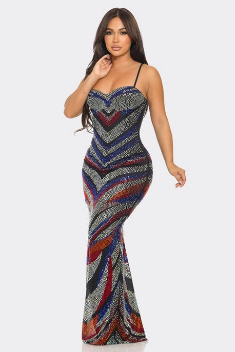 Robe Maxi à Chevrons Multicolores avec Strass