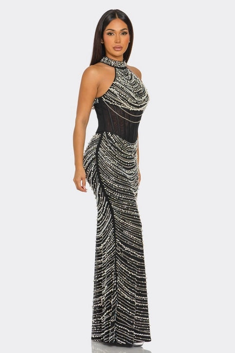 Robe Maxi Sans Manches à Col Roulé en Strass