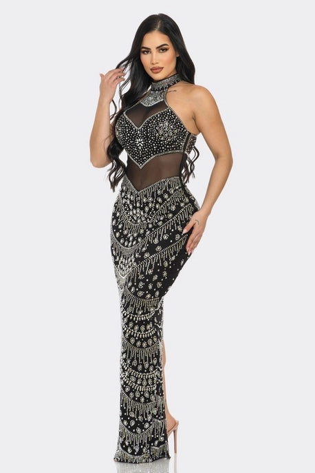 Robe Maxi à Col Ras du Cou avec Strass