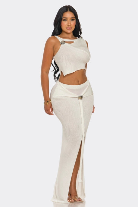 ENSEMBLE HCCTDW72506 & 2PC HAUT COURT ÉPAULE DÉNUDÉE & MAXI À FENTE HAUTE