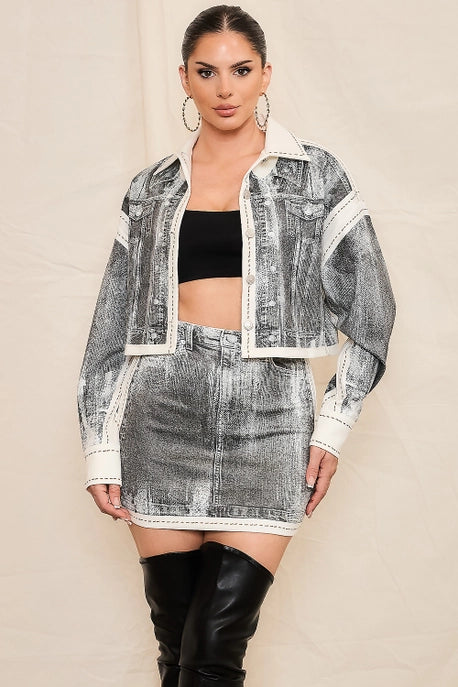 SET_Ensemble veste courte effet denim & jupe mini