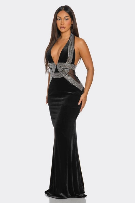 Robe Maxi en Forme de V Ornée de Strass