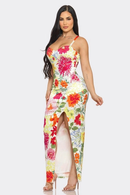 Robe maxi à imprimé floral avec strass