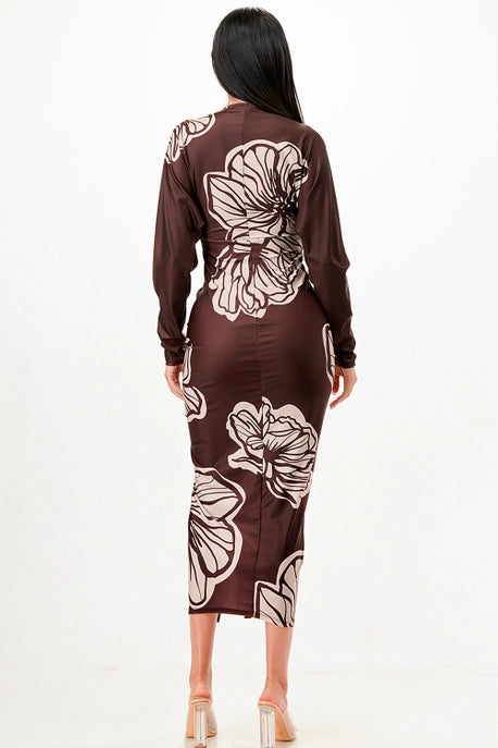 Robe midi plissée à col en V profond floral
