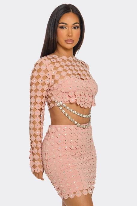 ENSEMBLE 2 PIÈCES AVEC STRASS CREUX & JUPE DÉCONTRACTÉE