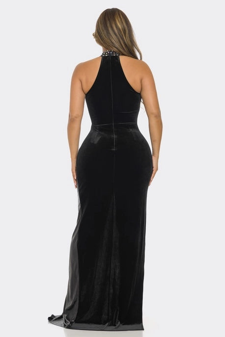 Robe maxi à col ras du cou métallique brillant avec strass