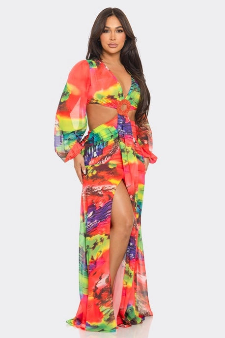 Robe maxi en chiffon imprimé avec découpes