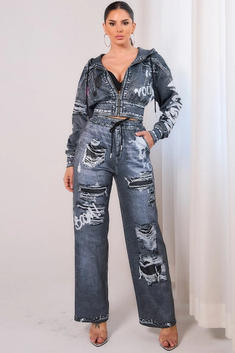 Veste zippée à capuche effet denim UNIQUEMENT