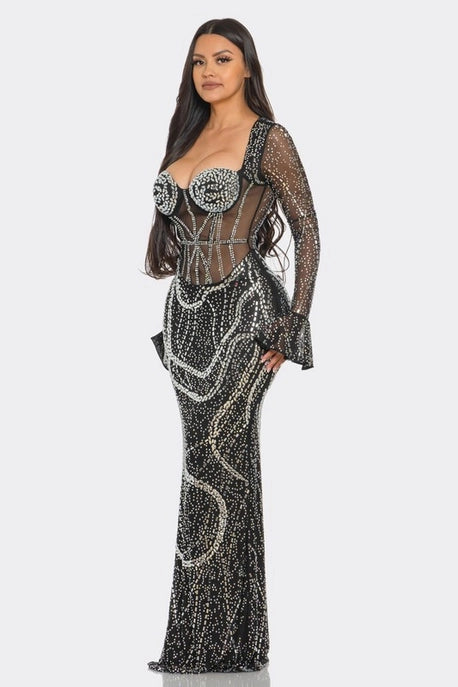 Robe Maxi Silhouette Ajustée avec Strass