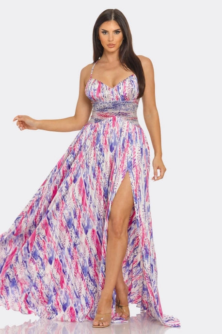 Robe maxi plissée à imprimé aquarelle satinée