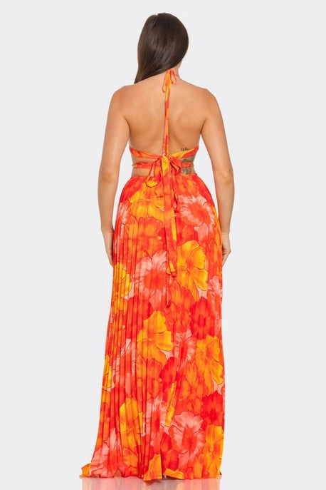 Robe maxi plissée imprimée à lacets et dos nu