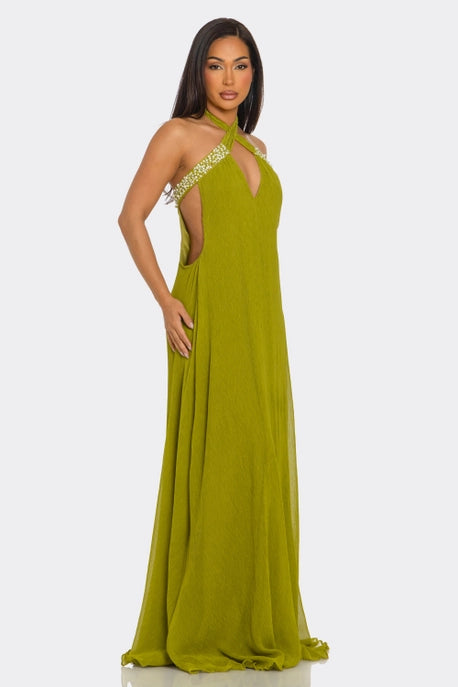 ROBE MAXI DÉCONTRACTÉE À COL EN V ET COL HALTER AVEC PERLES