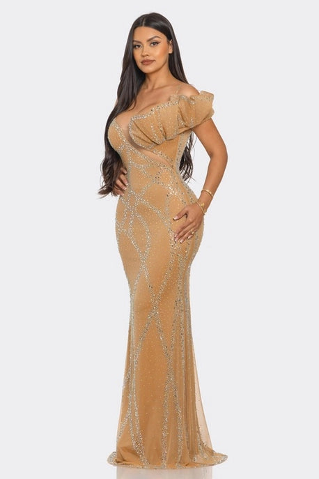 Robe Maxi Asymétrique à Une Épaule en Strass