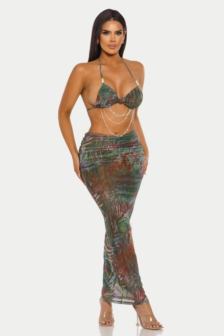 HCCTD13775&ENSEMBLE 2 PIÈCES : SOUTIEN-GORGE À COL HALTER & ROBE LONGUE PLISSÉE